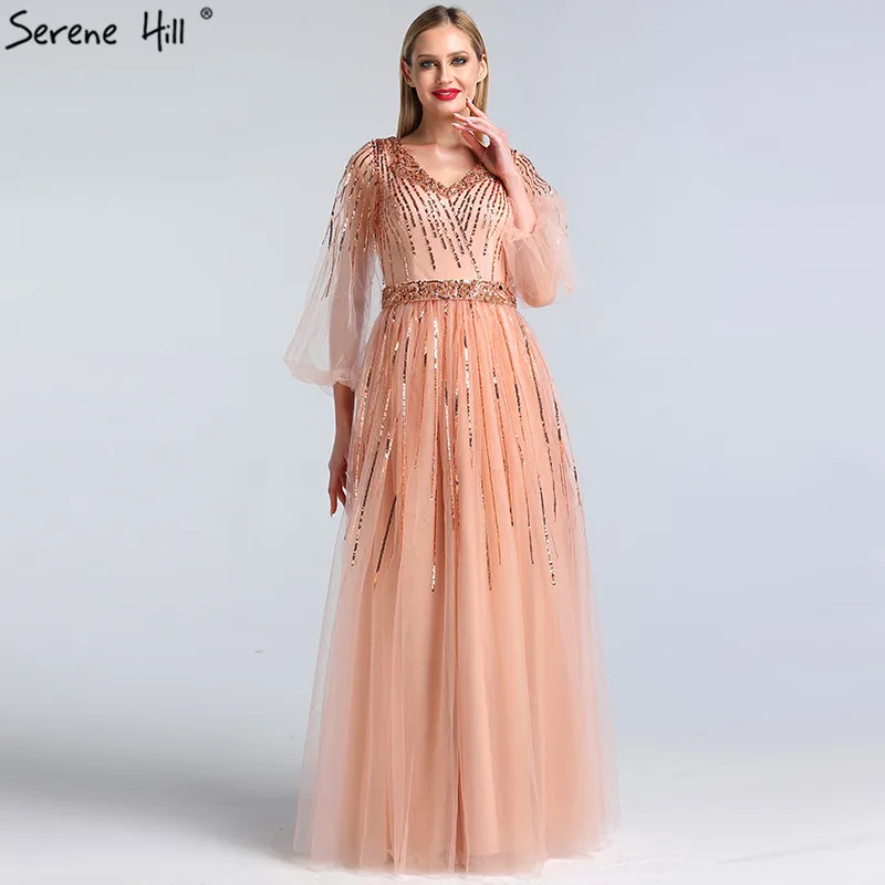 Дубай дизайн розовый v-образным вырезом Платья вечерние расшитый блестками с длинными рукавом Роскошные вечерние платья Serene Hill LA60948
