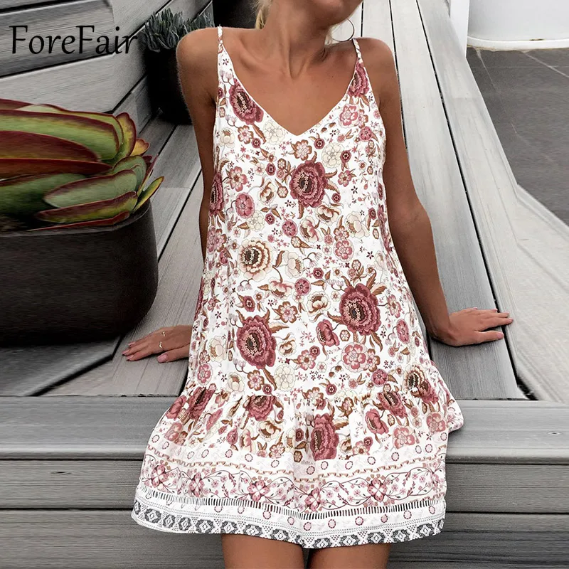 

Forefair Bohemian Summer Dress Sexy Mini Casual Sundress Female Off Shoulder Backless Floral Vintage Printed Beach Dress Women