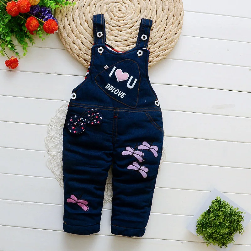 

BibiCola 2018 Winter Thick Cartoon Baby Bib Pants Toddler Girl Denim Overalls Infant Clothing Warm Baby Trousers