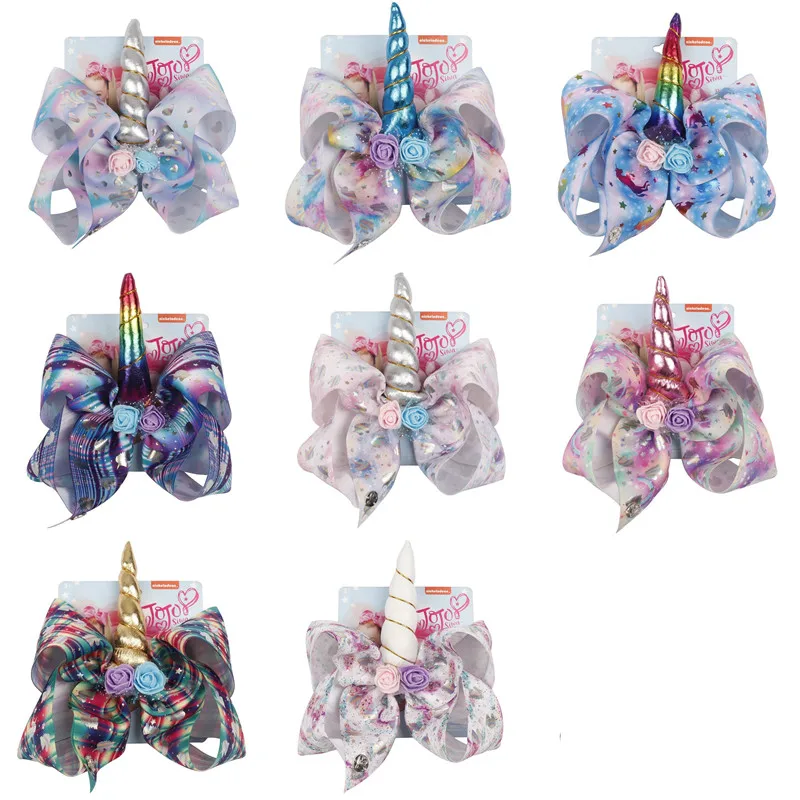 

1piece 8" JoJo Bows Unicorn Star Heart Dots Print Hair Bows With Clips Unicorn Horn For Girls Colorful Hairpins Hair Accessory