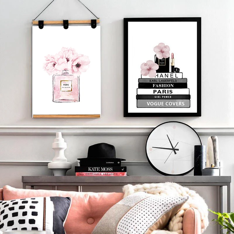 Модная книга флакон духов плакаты настенные художественные картины на холсте Акварельные Цветы Vogue картины принты для гостиной домашний декор