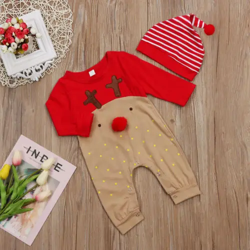 Pudcoco/ Детский Рождественский комбинезон для новорожденных мальчиков и девочек, милый комбинезон с 3D рисунком лося и полосатой шляпой, осенняя одежда, комплект одежды, костюм для детей 0-24 м