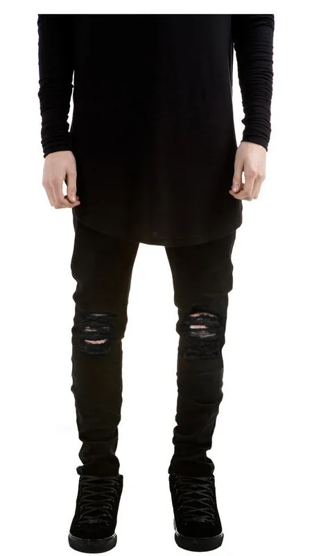 Black Ripped Jeans Men With Holes Super Skinny Famous Designer Brand trousers Slim Fit Destroyed Torn Jean Pants For Male - Цвет: Black