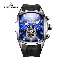 Reef Tiger/RT Designer Sport Watches Tourbillon Blue Dial Analog Display Watches Rubber Strap Luminous Watch for Men RGA3069 reef tiger rt casual couple watches for men rose gold tone analog quartz watch rga820