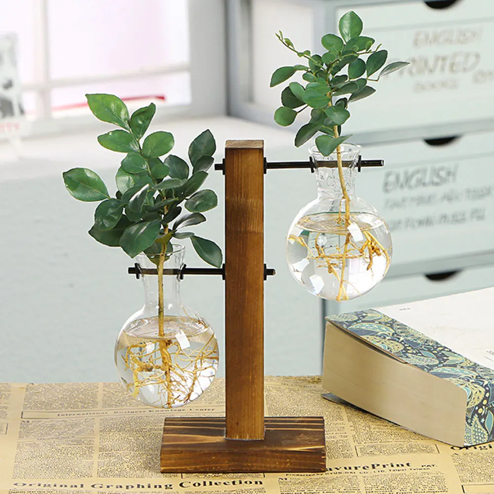 Nordic Simple Hydroponic Plant Vases Vintage Flower Pot Transparent Vase Wooden Frame Glass Tabletop Plants Home Bonsai Decor