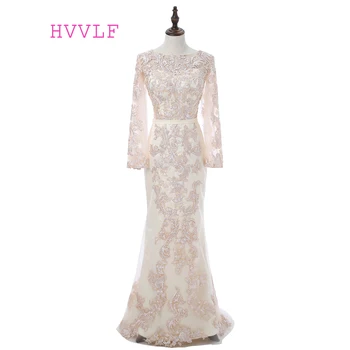 

Champagne Evening Dresses 2019 Mermaid Scoop Long Sleeves Appliques Lace Women Long Evening Gown Prom Dresses Robe De Soiree