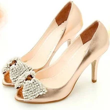 NEWEST women comfortable Gold Sparkling Shining Sheepskin Rhinestone bridal party wedding shoes Summer Shoes size EU(34-43)