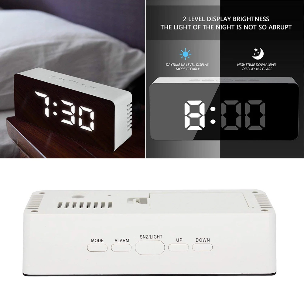 New Digital LED Thermometer Display USB Mirror Night Light Alarm Clock Timepiece