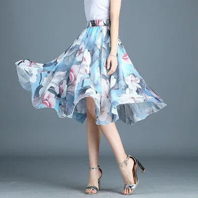 Makuluya New Mori Literary Classic All-Match Soft Women Chiffon Flower Pattern Lithe Elastic Waist Pleated Skirt Beach A-Line L6