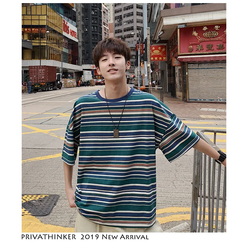 

Privathinker Men Striped T-shirt Harajuku 2019 Men Hip Hop Casual Tshirts Male Korean Oversize Vintage Summer Tees