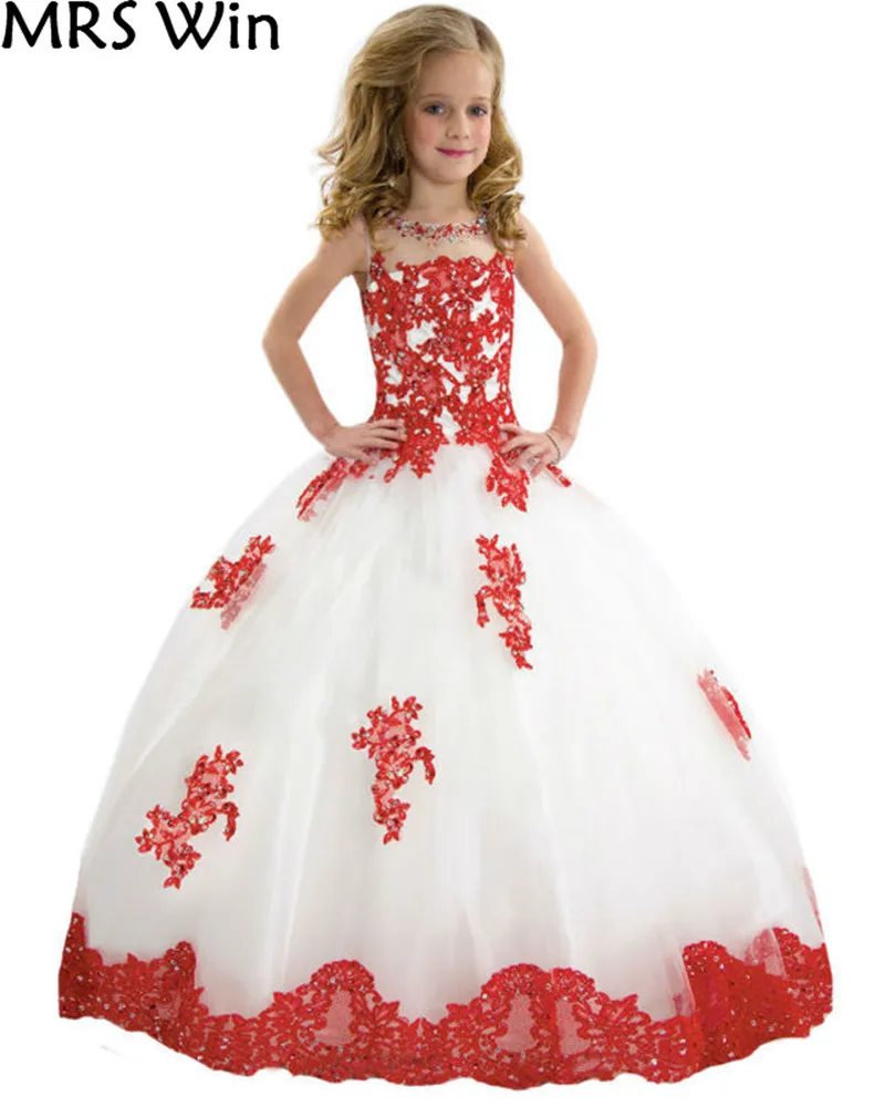 Lace Ball Gown Little girls Pageant Dresses Dress White Red Long Communion Sexy Applique Evening Gowns Kids 2017 (2)