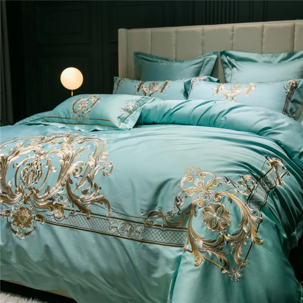 buy Blue Luxury 100S Egyptian cotton Embroidered Bedding sets Queen King Princess Duvet cover Bed sheet set Pillowcases 4 6pcs Red