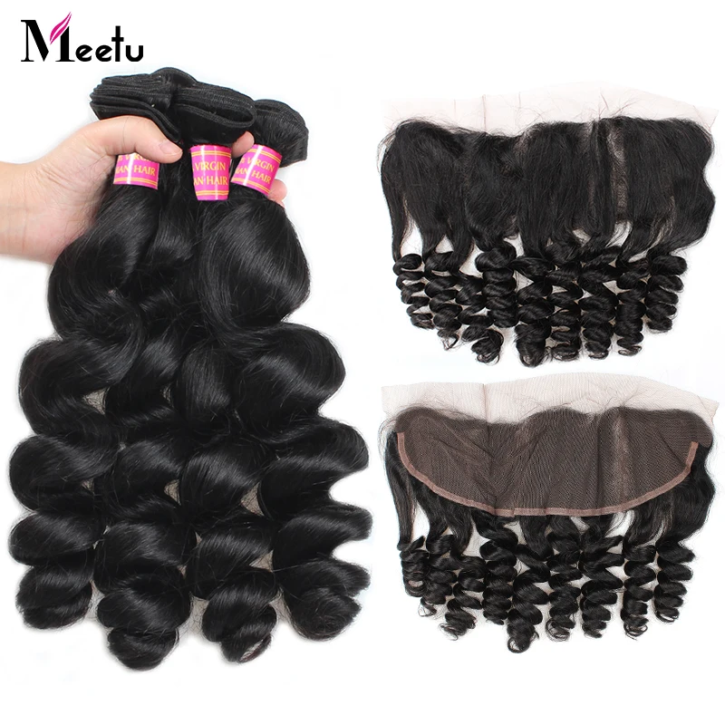 

Meetu Peruvian Hair Bundles with Frontal Loose Wave Lace Frontal with Bundles 100% Human Hair 4 Bundles with Frontal 13x4 inch