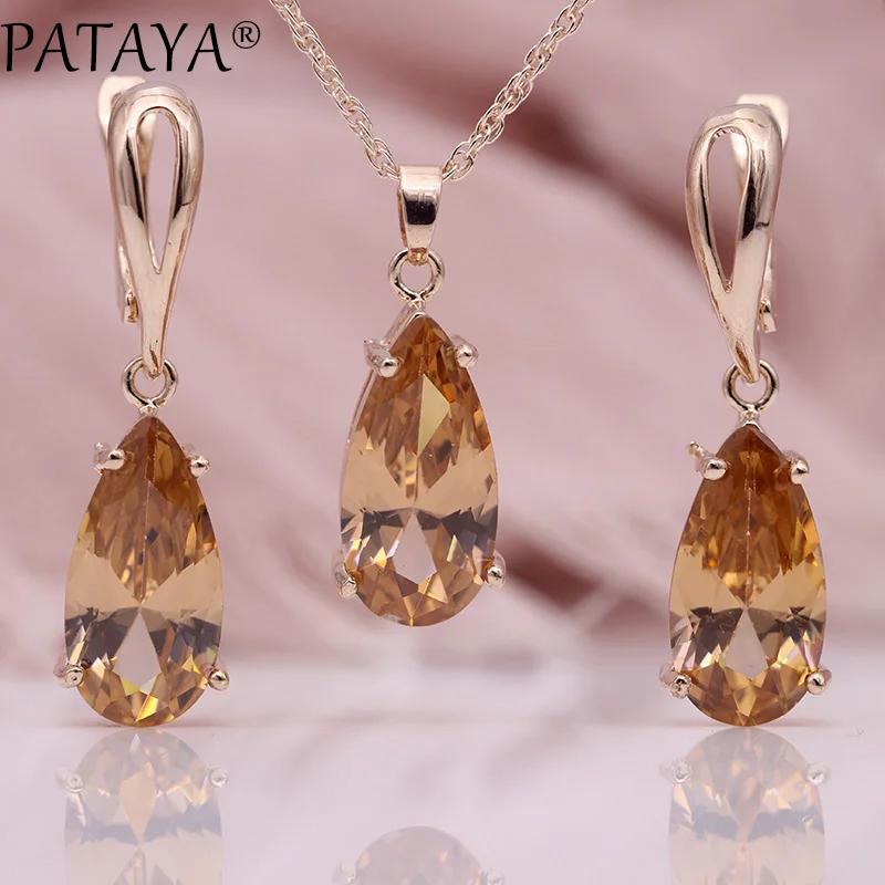 PATAYA New Blue Water Drop Earrings Pendants Necklaces Sets 585 Rose Gold Natural Zircon For Women Fashion Wedding Jewelry Set
