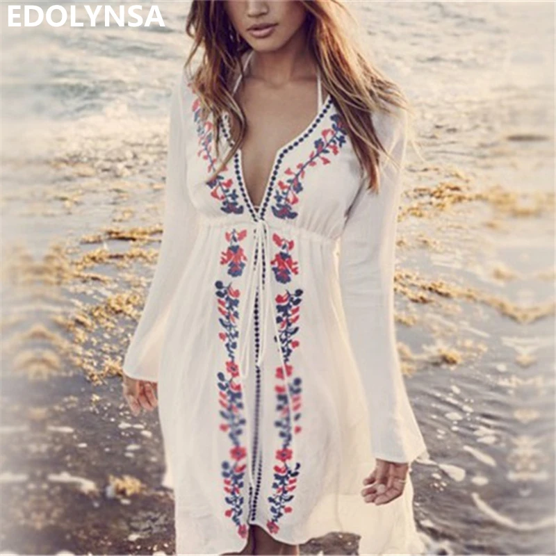 

Summer Beach Tunic Cotton White Women Deep V Neck Embroidered Tape Trim Symmetric Flower Print Casual Belted Dress Ladies #N17