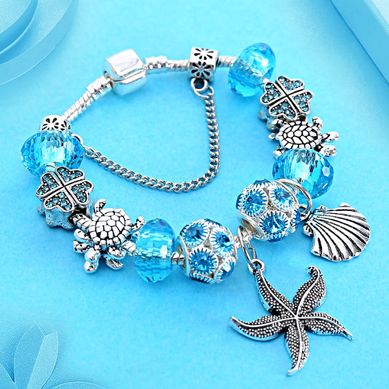 

New Blue Ocean Animal Charm P Bracelets & Bangles Antique Silver Tortle Starfish Bead Bracelet for Child Birthday Gift
