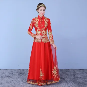 

Slim Sexy Red Women Flower Cheongsam Suit Traditional Long Sleeve Bride Wedding Dress Elegant Marriage Gift Vintage Qipao 3XL