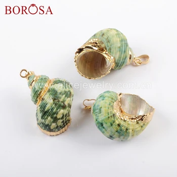 

BOROSA 10/20PCS Sea Shell Jewelry Gold Color Natural Green Conch Shell Pendant Gold Trim Shell Pendant Beads For Necklace G1659