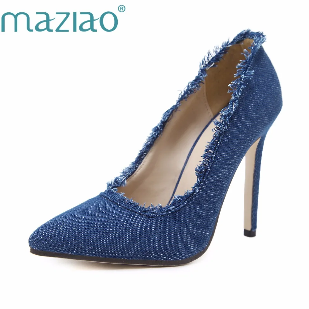 

MAZIAO Women 2018 spring autumn blue denim single shoes sexy pointed toe 11.cm high heels women pumps shoes slip on dress shoes
