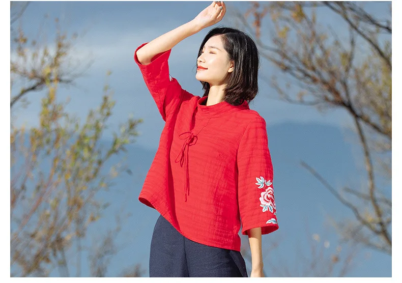 ZJN Women Tunic Blouse 2019 Spring Summer Basic Shirt Chinese Style Turtleneck 34 Sleeve Ladies Red Embroidery Sweatshirt Tops (8)