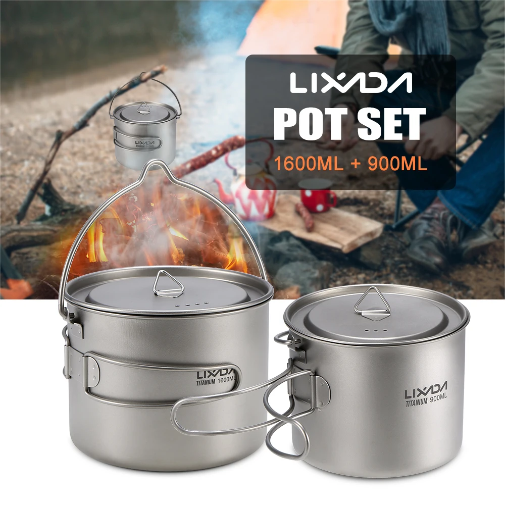 

Lixada 1600ml Titanium Pot Ultralight Portable Hanging Pot with Lid and Foldable Handle Outdoor Camping Hiking Backpacking