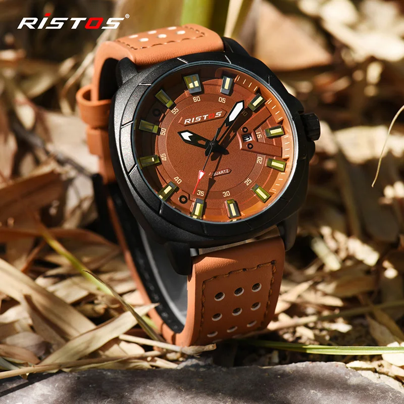 

RISTOS Male Quartz Watches Men Sports Watch Casual Style Genuine Leather Reloj Masculino Wristwatch Relojes Hombre Montres 9350
