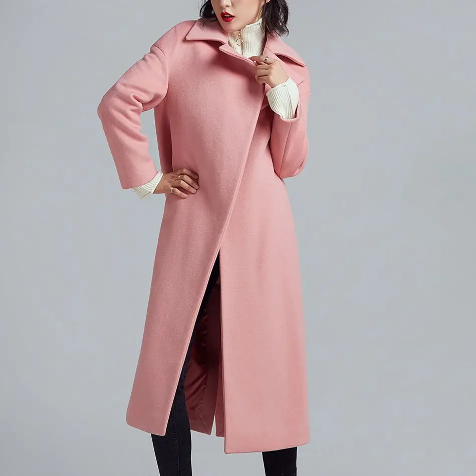 2018 Women Fashion Coat Long Wool Blends Black Pink Overcoat Womens Long Sleeve Wool Coats High Quality Fashion Trench Coat