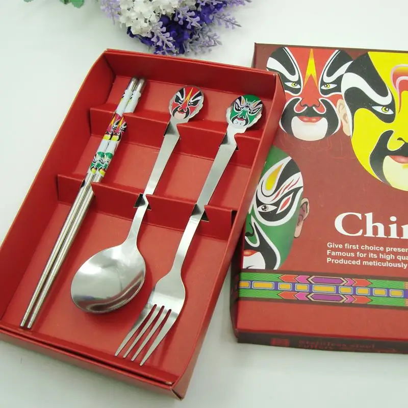 

Peking Opera tableware chopsticks spoon fork stainless steel 3pcs/set China wind flatware business gift wholesale~