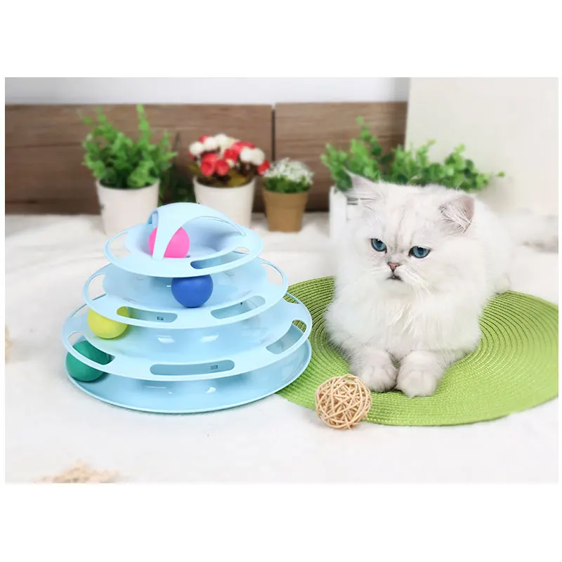 Pet Cat интерактивные игрушки 4-слойные 4 мяча пластик котенок проигрыватель Сумасшедший диск аттракцион пластина Тройная кошка игрушка для тренировка IQ - Цвет: Синий