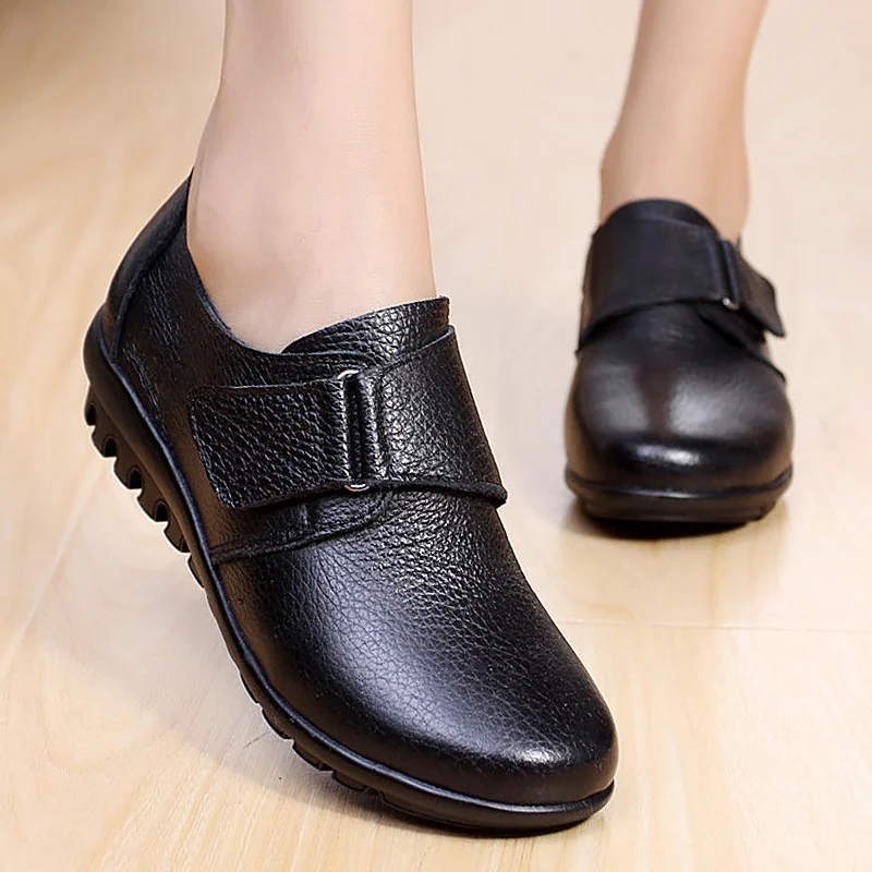 comprar Genuína mulheres de couro sapatos baixos Confortáveis 2018 Primavera Outono Oxfords Laço Gancho sapato de couro Senhoras tamanho Grande 35 43