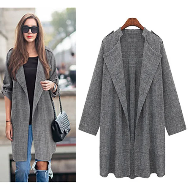 2017 New Women Long Coat Breasted Gray Suit Loose Blazer