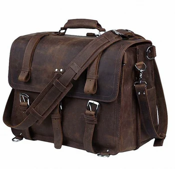 Cartella da uomo Vintage Crazy Horse in vera pelle borsa da lavoro cartella grande in pelle da uomo 15.6 "borsa per Laptop borsa a tracolla per ufficio 1