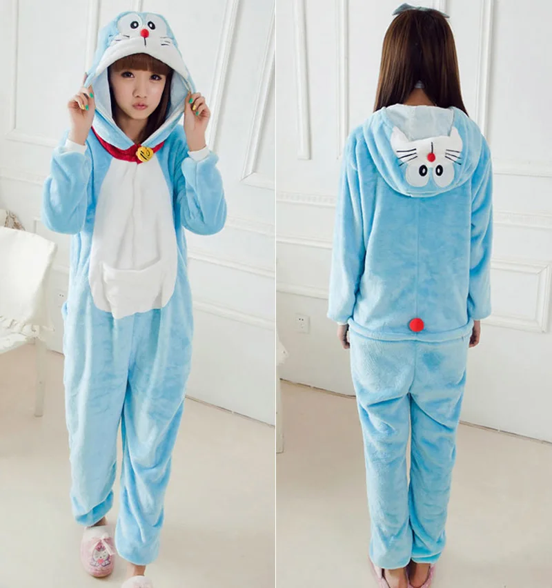 Для взрослых женщин Симпатичные Doraemon onesies аниме косплей костюм комбинезон животных Косплей пижамы подкладка капюшон зимние вечерние пижамы