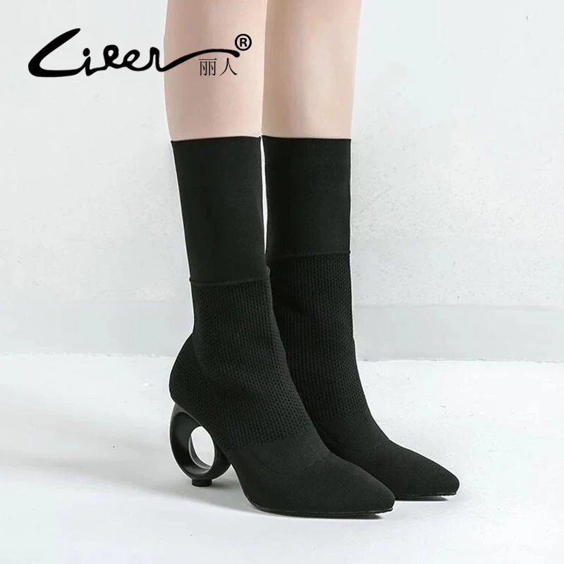 

Liren 2019 Trendy Design Stretch Sock Boots Ankle Long Strange Fretwork Heels Pointy Knitted Boots Black Apricot Size 34 - 40