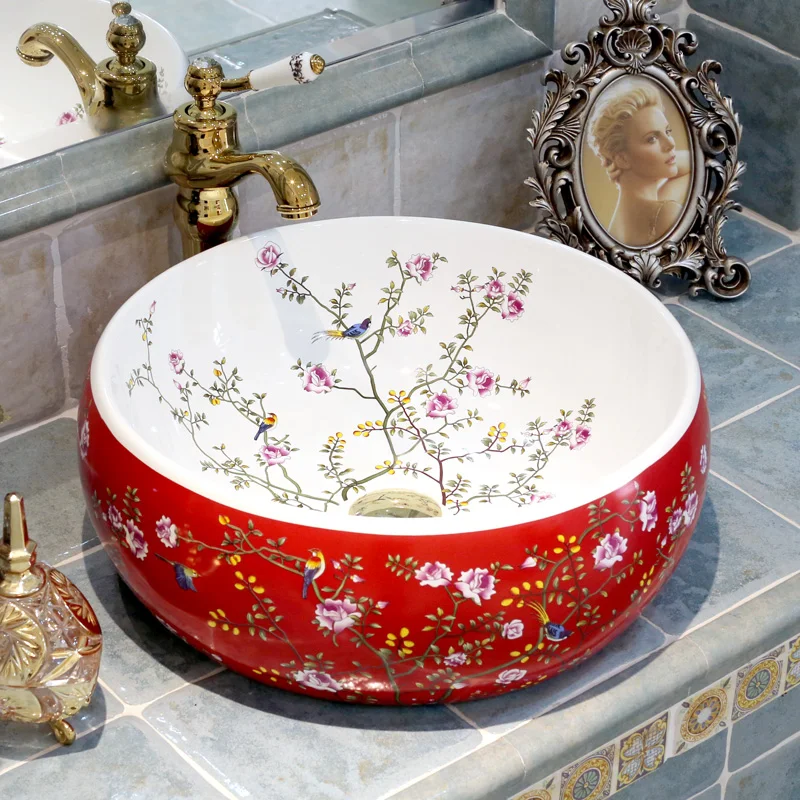 Flowers and birds Europe Vintage Style Countertop Basin Sink Handmade Ceramic Bathroom Vessel Sinks Vanities ceramic wash sinks  (2)