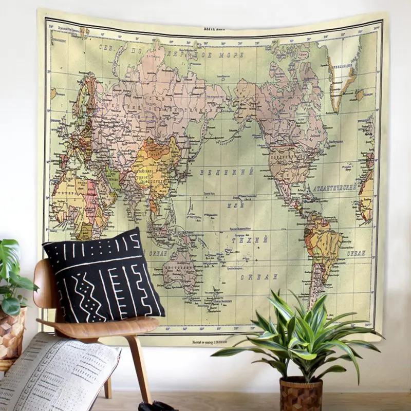 

Vintage Watercolor World Map Printed Tapestry Indian Stylle Hanging Colorful Beach Tapestry Bedroom Living Room Wall Decor