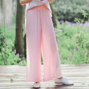 

Cotton Linen Retro Casual Pink Sweet Pants Summer Thin Double Layer Wide Leg Pants See Through Vintage Elegant Light Trousers