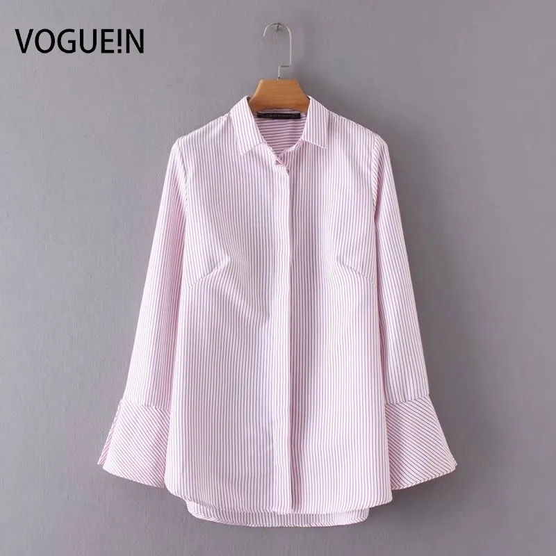 VOGUEIN New Womens Casual Lapel Striped White Red Trumpet Sleeve Button Down Shirt  Blouse Tops Wholesale