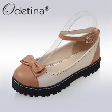 Odetina/ с украшением-бантом, Мэри Джейн; ботинки-платформы на плоской подошве; в стиле «Лолита» с галстуком-бабочкой Для женщин обувь с пряжкой buckle Strap Flats круглый носок плюс Размеры; большие размеры 33-43