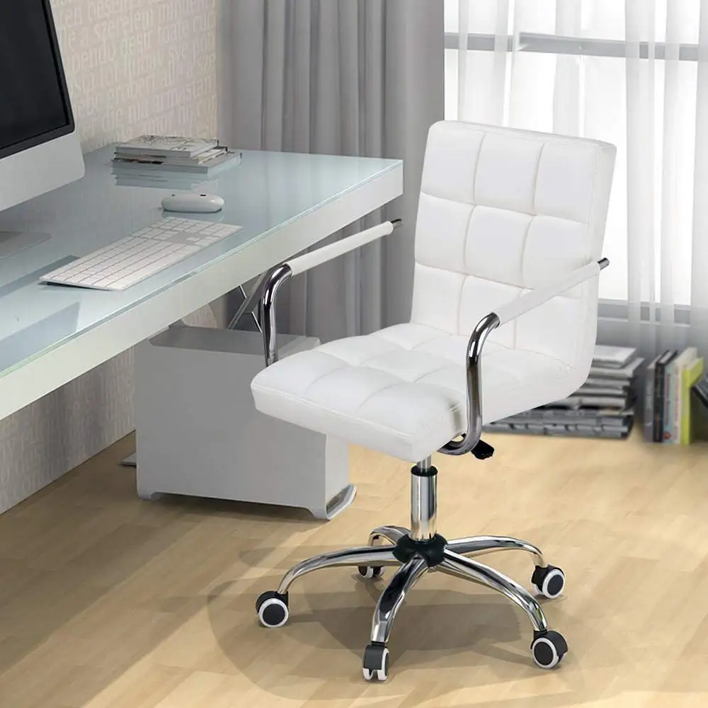 White Desk Chairs With Wheels Armes Modern Pu Leather Office Chair