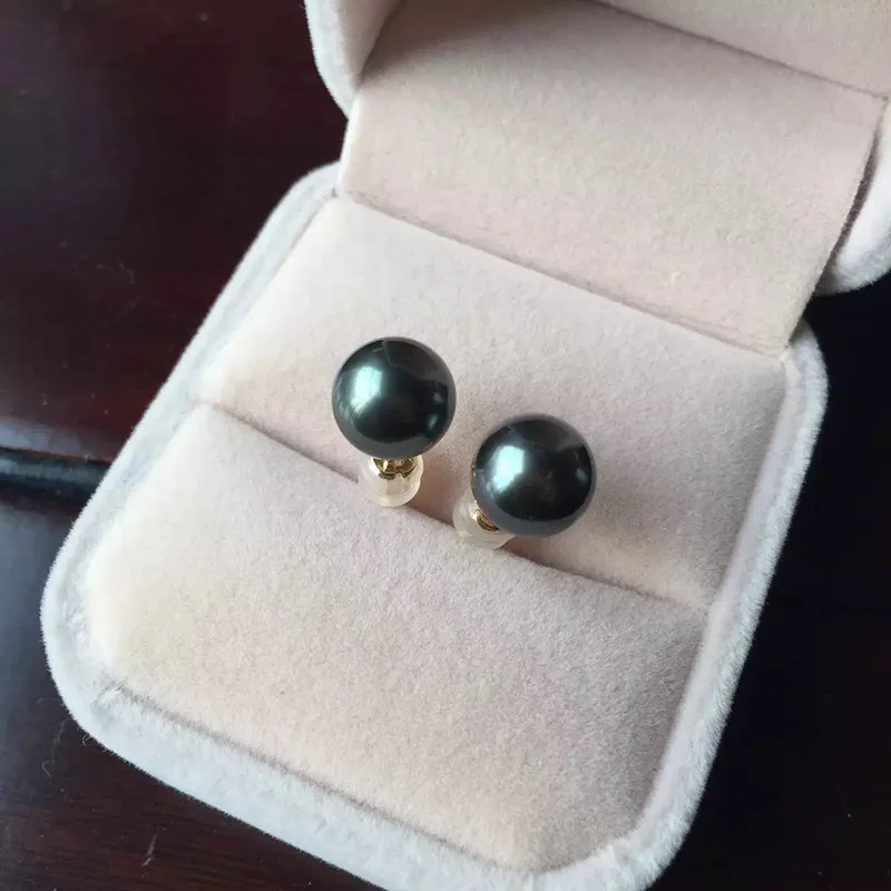 

Women Gift word 925 Sterling silver real Eternal natural 9.5-10mm Pearl Earrings Golden Circle to malachite green
