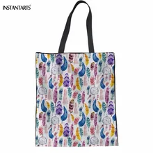 INSTANTARTS Красочные перо Индийский Ловец снов Лен с принтом сумки для покупок большие сумки на плечо для девочки многоразовая эко-сумка