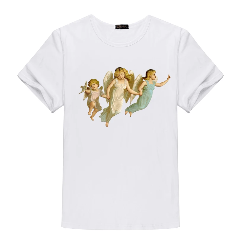 ZSIIBO женская черная Ретро футболка с круглым вырезом и графическим забавным рисунком ангела летняя футболка с принтом и коротким рукавом Harajuku футболка Топы - Цвет: Белый