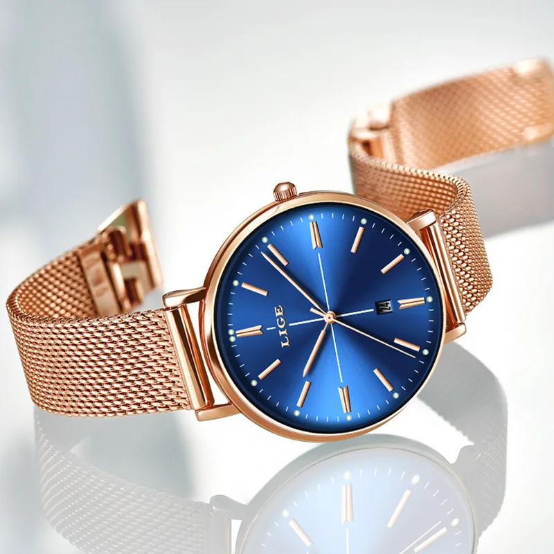  2019 LIGE New Rose Gold Blue Table Womens Business Quartz Watch Ladies Brand Top Luxury Ladies Watc