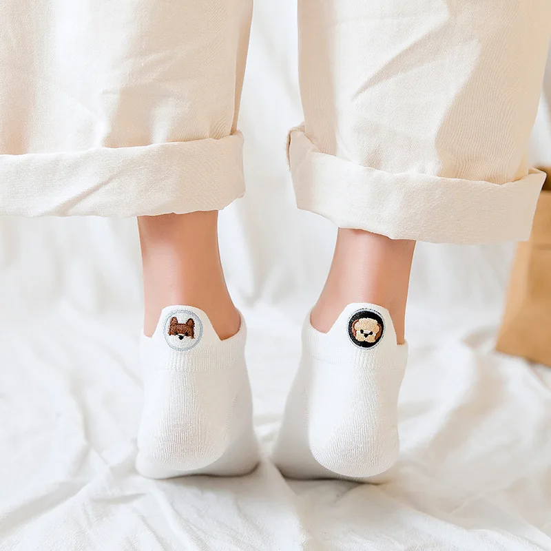 Harajuku Skarpetki Funny Ankle Socks Embroidery Animal Pug Cute Socks Women Divertidos Creative Sokken Kawaii Chaussette Femme