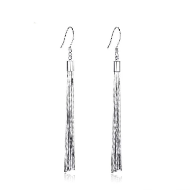 Genuine 925 Sterling Silver Tassel Dangle Earrings Women Metallic Long