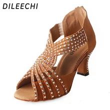 DILEECHI/туфли для латинских танцев со стразами, бронзовые, черные, атласные женские туфли для сальсы, вечерние стразы, бальных танцев, обувь на среднем каблуке 7 см, на молнии