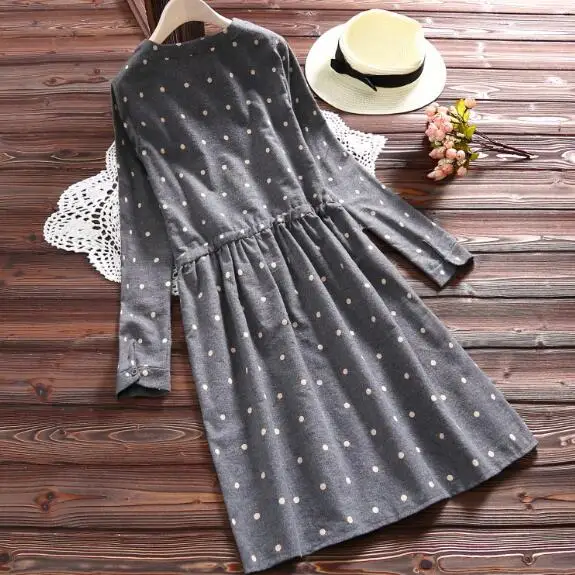 Женское платье в горошек с круглым вырезом и длинным рукавом|loose dress|women dressdress rounds |