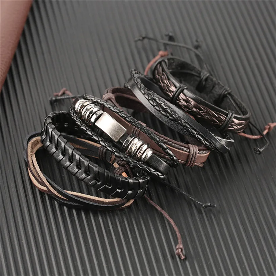 Black Brown Geometric Shape Rope Chain Mens Bracelet Set Punk Genuine Leather Bracelet Charms Gifts For Men (9)