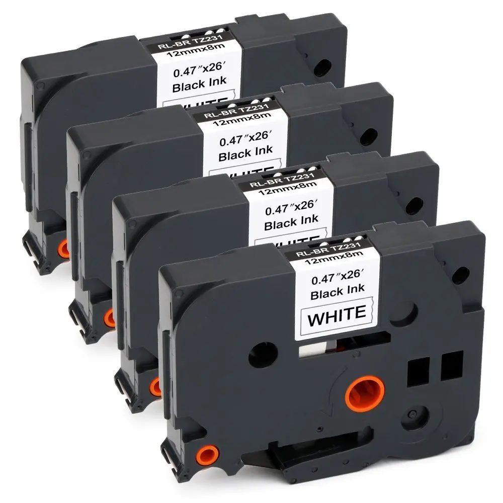 TZE231 Compatible Brother TZE-231 Label Tape Black on White, 4 Packs, 0.47 Inch x 26.2 Feet ( 12mm x 8m ), Used for Brothe